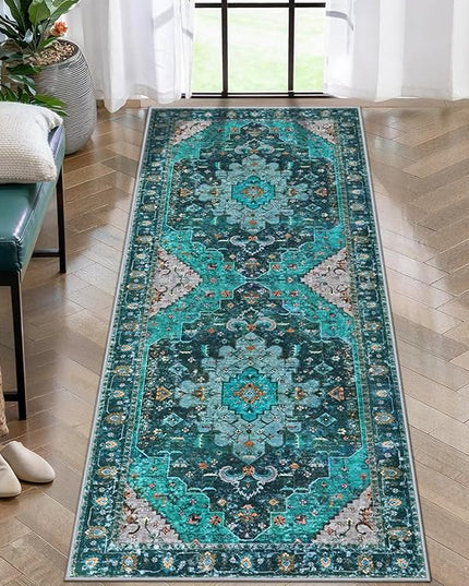 Ciicool Washable Runner Rug Nonslip, 2'x6' Teal Hallway Rug Non-Slip Vintage Kitchen Rugs Carpet Runner for Bedroom Laundry Bathroom Decor