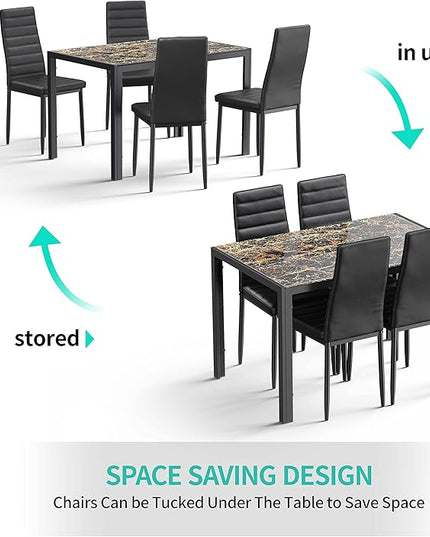 Gizoon 5 Piece Glass Dining Table Set, Kitchen and Chairs for 4, PU Leather Modern Room Sets for Home, Kitchen, Living Room