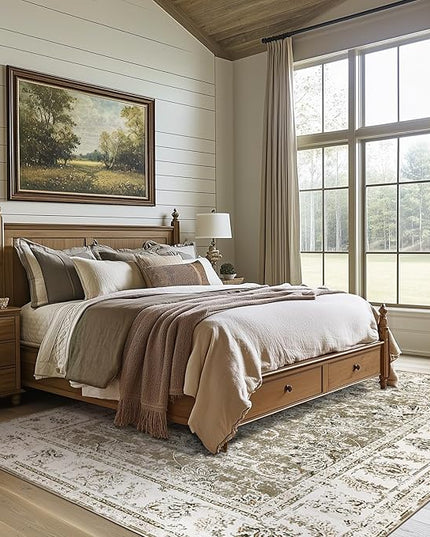 jinchan Fiora 6x9 Area Rug for Living Room Washable Soft Throw Rug Ultra-Thin Stain Resistant Non-Slip Distressed Vintage Floral Large Carpet for Bedroom Dining Room Home Office Nursery(6x9ft, Taupe)
