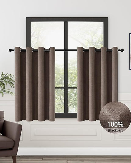 ChrisDowa 100% Blackout Brown Solid Curtains 45 Inches Long 2 Panels for Bedroom Living Room,Farmhouse Room Darkening Thermal Insulated Soundproof Grommet Top Window Treatment Drapes,52x45