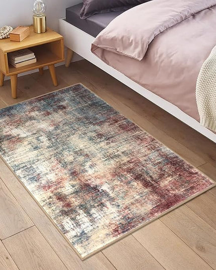 IOHOUZE Small Abstract Area Rug 2x3 Ft Entryway Rugs Washable Door Mat Indoor Entrance, Rubber Backed Throw Rugs, Printed Faux Wool Non Slip Floor Carpet for Foyer Front Door Sink, Red/Multi