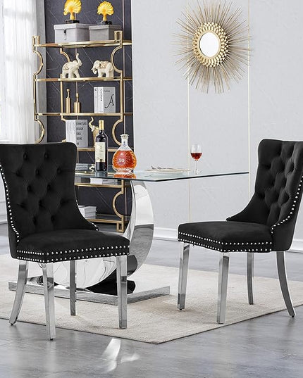 5 Piece Dining Table Set, Modern Glass Dining Table Set for 4, 70" Luxury Glass Table w/Silver Stainless Steel Base & 4 Black Tufted Chairs, Kitchen Dining Room Sets for 4 for Breakfast Dinner Dinette