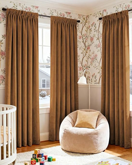 Lazzzy Gold Brown Blackout Velvet Curtains 84 Inch Long Thermal Insulated Room Darkening Curtain Drapes Luxury Back Tab Window Treatments for Bedroom Living Room 2 Panels, 52 x 84 Inch, Golden Brown