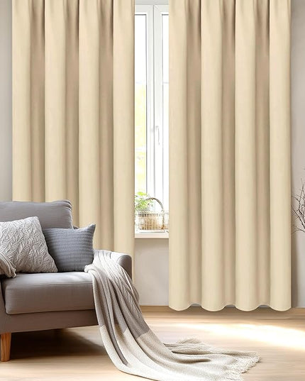DWCN Blackout Curtains for Living Room Thermal Insulated, Energy Saving & Noise Reducing Bedroom Curtains, Beige, W 70x L 84 Inch, Set of 2 Rod Pocket Curtain Panels