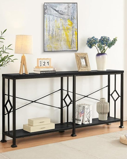 HOMISSUE Long Entryway Console Table, 70.9" Industrial Narrow Sofa Tables Behind Couch with 2 Tier Storage Shelf for Hallway, Living Room, Black