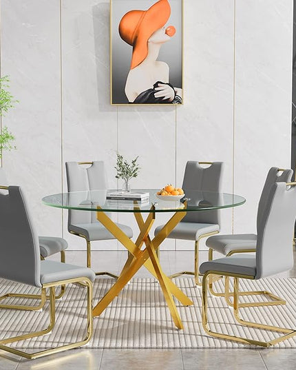 HomVent 7 Piece Round Glass Dining Table Set, Round Glass Kitchen Table Set for 6 with 6 PU Upholstered Dining Chairs for Kitchen Dining Room