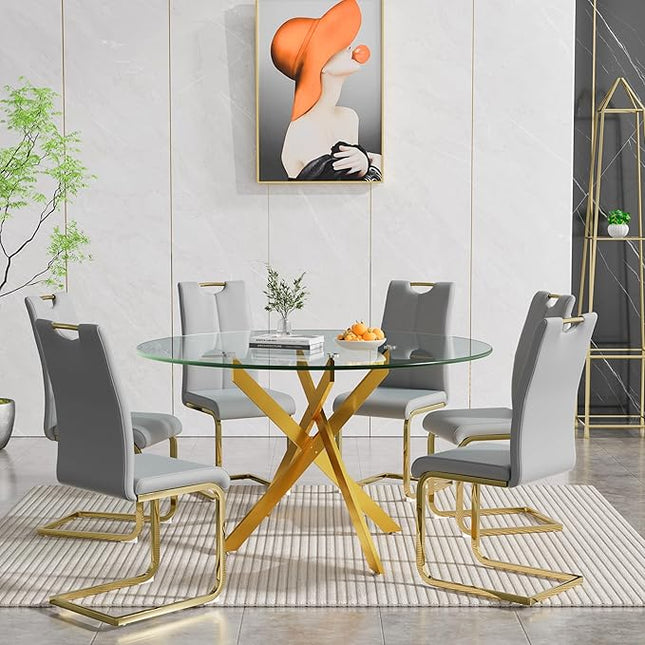 HomVent 7 Piece Round Glass Dining Table Set, Round Glass Kitchen Table Set for 6 with 6 PU Upholstered Dining Chairs for Kitchen Dining Room