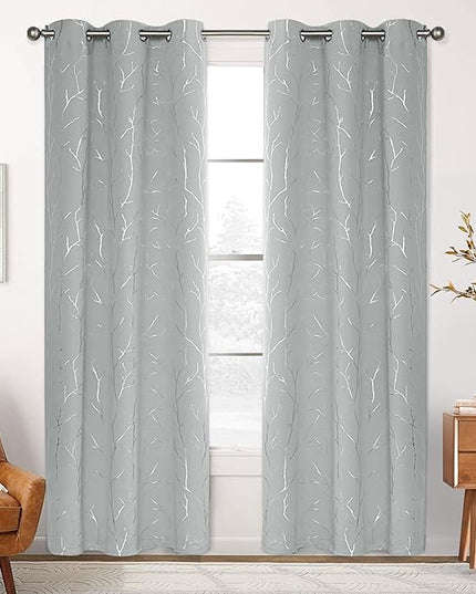 BUHUA Blackout Curtains for Bedroom and Living Room, 84 Inches Long, Thermal Insulated Drapes, 2 Panels with Tree Branches Design - 38W x84L Inch, Silver Grey, Set of 2