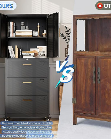 METAN Metal File Cabinet with 3 Drawers and 1 Shelves,Office Filing Cabinet on Wheels with Lock,Office Storage for Letter/Legal Size,Assembly Required,Black