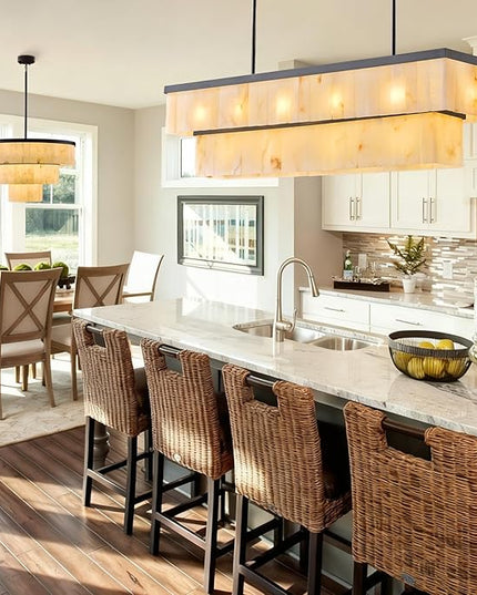 Rectangle Alabaster Chandelier, L54 Linear Chandeliers Over Table Pendant Light Modern Mrable Rectangular Chandelier for Kitchen Island Dining Room Living Room 2-Tier Black(Include 16 Bulbs)