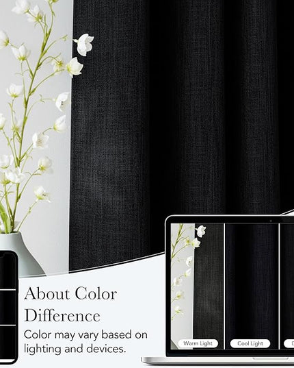 NICETOWN Faux Linen Black Blackout Curtains 84 inches Long for Living Room - Privacy Panels for Bedroom, Modern Farmhouse Style Easy Care Grommet Top, 2 Panels, W52 by L84