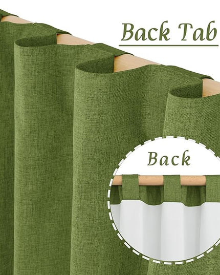 LAMIT Full Blackout Linen Curtains for Small Window, 54 Inches Thermal Bedroom Drapes Back Tab and Rod Pocket Privacy Protected Panels with White Liner, 2 Panels, 52 x 54 Inch, Olive Green