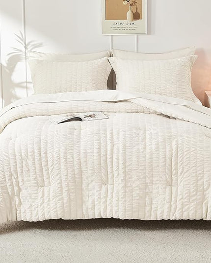 HYMOKEGE Ivory Twin Comforter Set Seersucker 5 Pieces, All Season Luxury Bed in a Bag for Bedroom, Bedding Set with Comforters, Sheets, Pillowcase & Shams