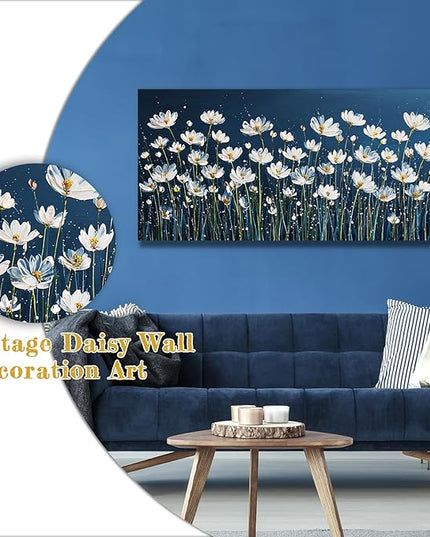 HUADAOART White Daisy Floral Canvas Wall Art Navy Blue Background Living Room Bedroom Decor Size: 24" x 48" Ready to Hang