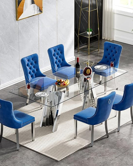 7 Piece Dining Table Set with 6 Blue Dining Chairs, Modern Glass Kitchen Table and Chairs Set for 6, 70" Rectangle Silver Glass Pedestal Dining Room Tables with Flash-Shape Stainless Steel Base