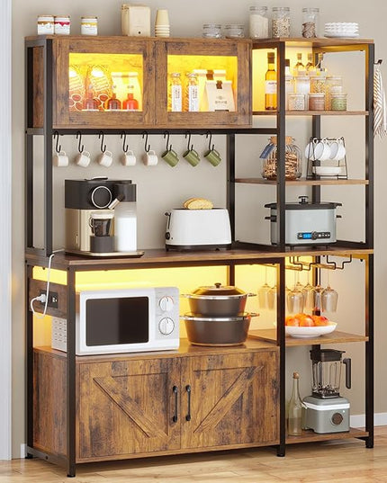 Itaar Bakers Rack with Power Outlet and LED Light, 45.3 Inch Farmhouse Coffee Bar Cabinet, Kitchen Microwave Stand with Storage, Glass Cabinet, Goblet Holder and 8 Hooks (Rustic Brown)