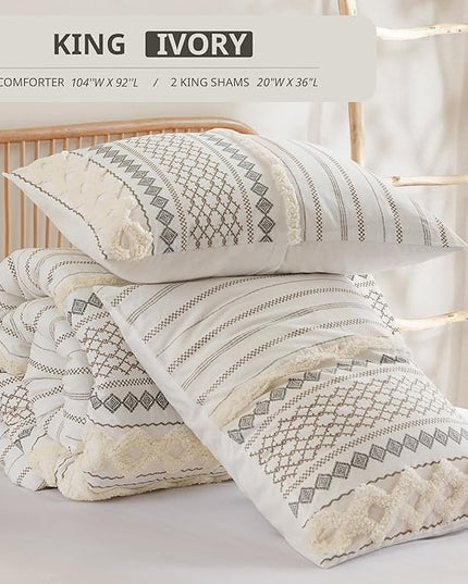 INK+IVY Comforter for King Size Bed, Chenille Tufted, Breathable Cotton Comforter Set King, All Season Modern Boho Comforter with Farmhouse Bedding Flare, 2 Matching Shams, King Ivory 3 Piece