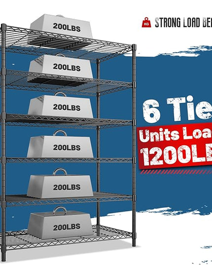 6Tier Metal Shelving Unit Storage Shelves. 1200LBS Wire Shelving Rack Heavy Duty, 75H Adjustable Pantry Shelves, Metal Shelf for Garage Shelving, Closet Shelves,Kitchen, 75" Hx 36" Wx 18" D
