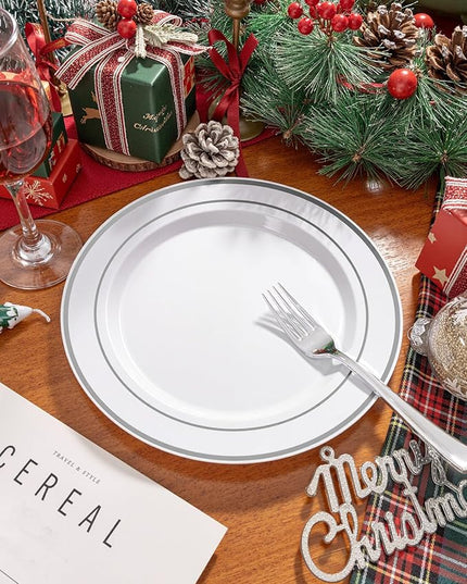 bUCLA 100Pieces Silver Plastic Plates - 10.25inch Silver Rim Disposable Dinner Plates - Ideal for Weddings, Parties