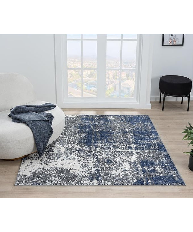 Keen Home Design Area Rugs - 5ft Round Non-Shedding, Abstract Rugs for Kitchen, Living Room, Bedroom, Dining Room, Entryway - Size: 5'3" Square, Navy/Grey/White