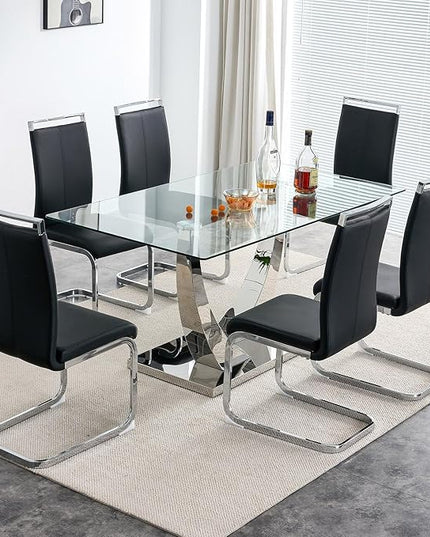 63” Glass Dining Table Set for 6,Modern Dining Room Table Set for 6,Kitchen Table and PU Leather Chairs for 6, Dinner Table with Rectangle Tempered Glass Top and Chrome Silver Base