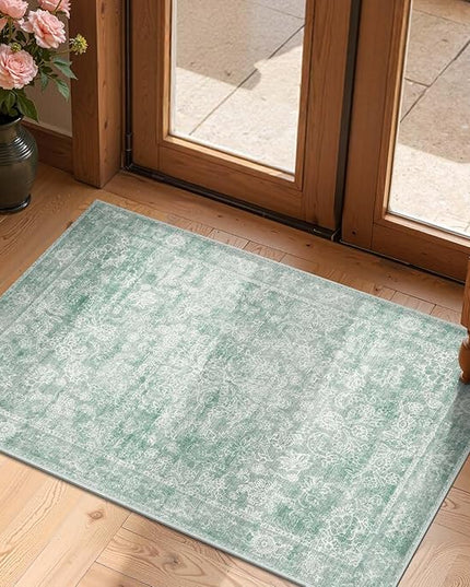 jinchan 2x3 Washable Rug for Entryway - Kitchen Mats Vintage Floral Ultra-Thin Low Pile Soft Throw Small Non-Slip Distressed Doormat Accent Rug for Entrance Bathroom Bedroom (2'x3', Green)