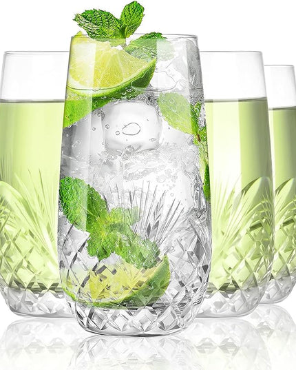 SHOSHIN Hand Cut Highball Glasses Crystal (Set of 4, 17Oz) - Elegant Water Juice Drinking Glasses, Everyday Beverage Glasses, Large Collins Glasses Perfect for Restaurant, Kitchen, Bar