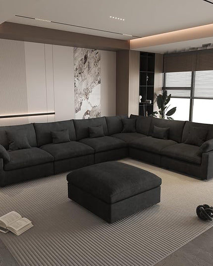 WJShome Cloud Couch for LivingRoom,153" U Shaped Modular Sectional Sofa with Ottoman,Down Filled 7 Seater Convertible Sleeper Sofa Bed Oversized Furniture Sets,Black