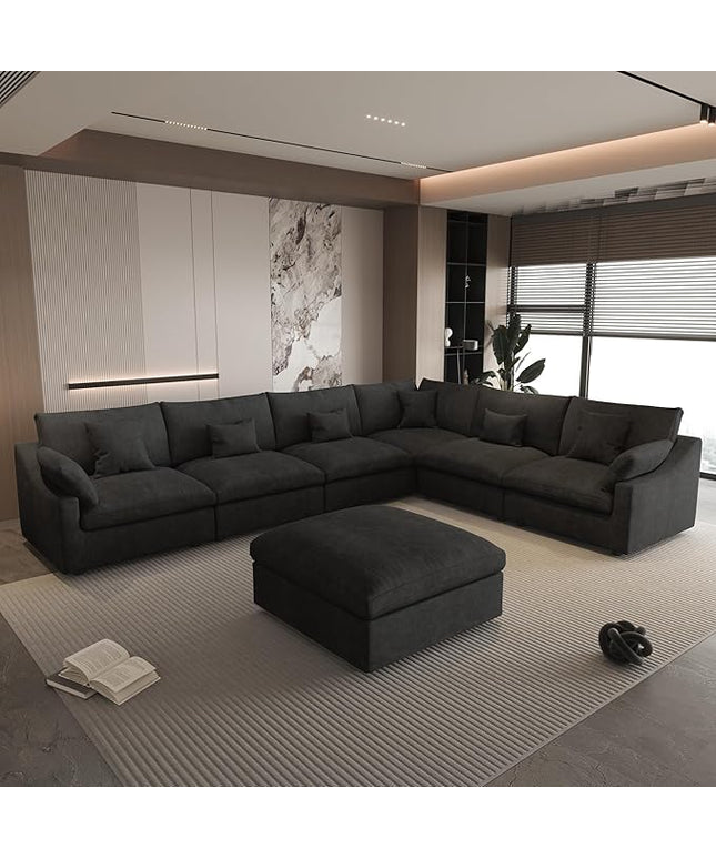 WJShome Cloud Couch for LivingRoom,153" U Shaped Modular Sectional Sofa with Ottoman,Down Filled 7 Seater Convertible Sleeper Sofa Bed Oversized Furniture Sets,Black