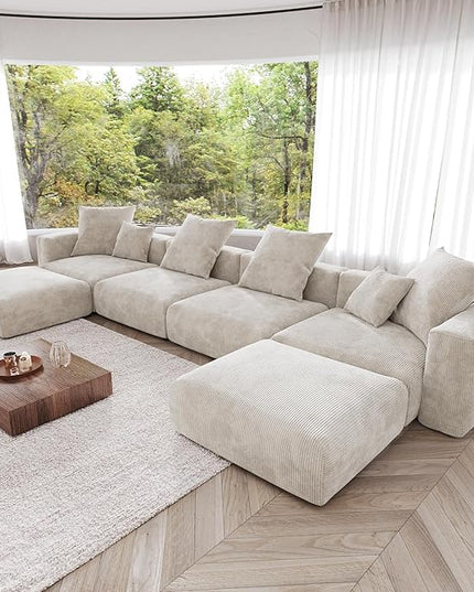 JACH 181" Oversized Modular Sectional Sofa, U-Shaped Deep 4-Seats Sectional Couch with Chaise Ottomans, Huge Plus Convertible Soft Sofas, Corduroy Minimalist Couches for Living Room, Apartment, Beige