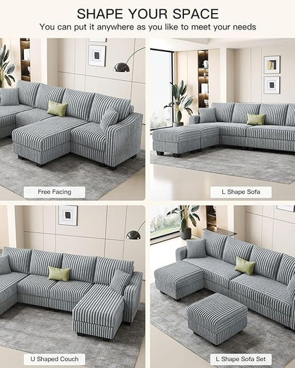 Belffin U Shaped Couch with Reversible Chaises Sectional Couches for Living Room Sectional Couch with Ottomans Corduroy (Light Grey, U Shaped)