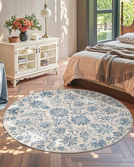 jinchan Torino Classic Floral Round Rug 6ft, Vintage-Inspired Design 6’Circle Rug, Machine Washable Ultra-Thin Low-Pile Non-Slip Indoor Carpet for Bedroom Dining Room Living Room Entryway, Dark Blue
