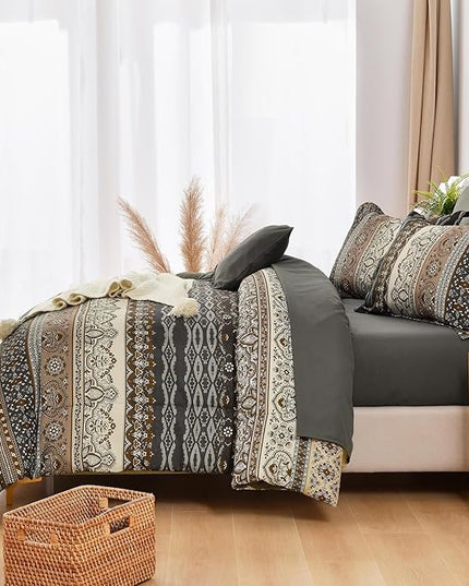 Cottolester Boho Comforter Set California King Size 8 Pieces,Brown Black Bohemian Comforter Paisley Striped Bed in A Bag,Soft Microfiber Bedding Set for All Season