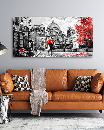 Black and White Buildings and Lovers Holding Umbrellas Under Street Lamps Canvas Art Print Artwork Wall Art for Living Room bedroom Wall Decor，Modern Home Decor Watercolor wall painting decoration