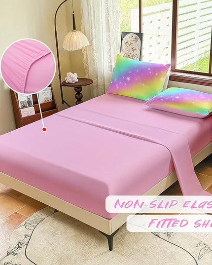 Rainbow Bedding Set Full Size – 5 Piece Reversible Girls Comforter with Deep-Pocket Sheet, Gradient Galaxy Design, Whole-Piece Filling, Machine Washable Bed-in-a-Bag for Kids Room Makeover & Gifts