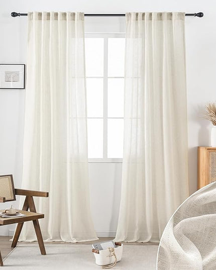 Natural Beige Linen Sheer Curtains 84 Inch Length for Living Room 2 Panels Cream Back Tab Pocket Drapes Neutral Country Rustic Farmhouse Light Filtering Semi Sheer Curtains for Bedroom Ivory 42x84