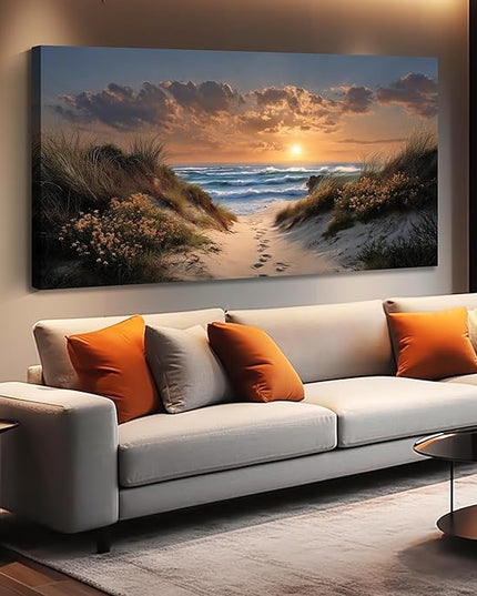 Ouzzlie Brown Wall Art Sunset Wall Decor Landscape Picture Art Print Seascape Canvas Large Coastal Blue Ocean Artwork for Living Room Bedroom Office 29" x 59"