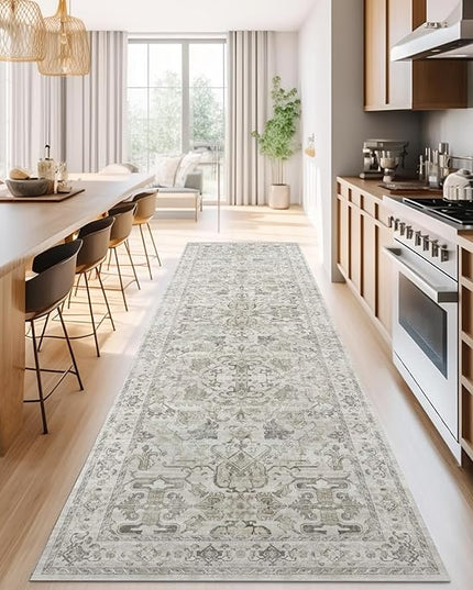 jinchan Hallway Runner Rug 3x10 Machine Washable - Vintage Floral Non-Slip Low-Pile Soft Ultra-Thin Faux Wool Kitchen Rug Distressed Carpet Runner for Farmhouse Bedroom Laundry Room (3x10ft, Taupe)