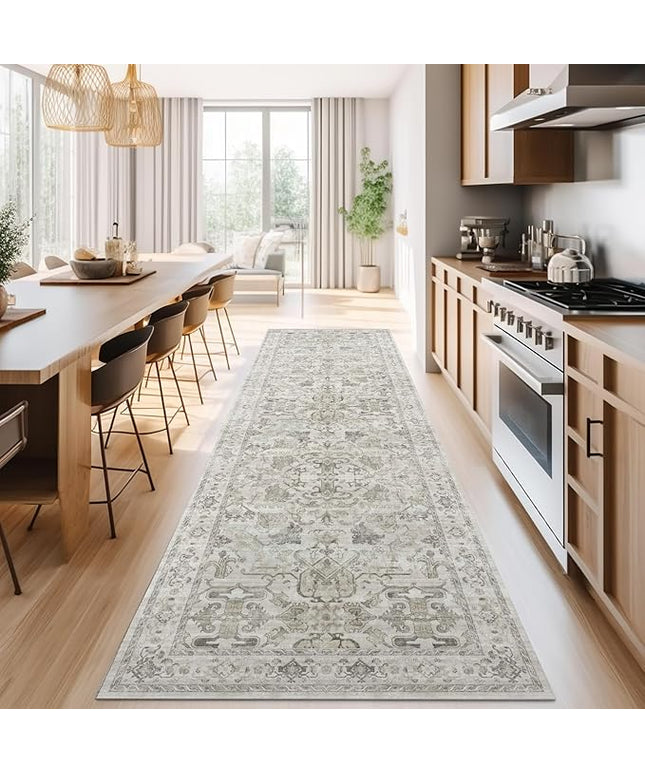 jinchan Hallway Runner Rug 3x8 Machine Washable - Vintage Floral Non-Slip Low-Pile Soft Ultra-Thin Faux Wool Kitchen Rug Distressed Carpet Runner for Farmhouse Bedroom Laundry Room (3x8ft, Taupe)