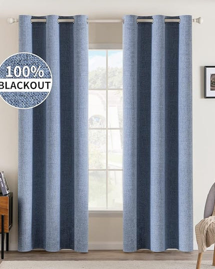 MIULEE Linen Blackout Curtains and Drapes 100% Room Darkening Thermal Insulated Grommet Window Panels with Coating 2 PCs W 42 x L 90 inches Stone Blue