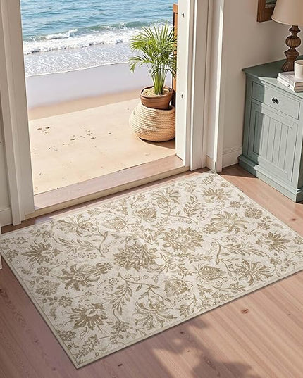 jinchan Torino 2x3 Washable Rugs for Entryway, Vintage-Inspired Floral Neutral Design Non-Slip Low-Pile Doormat, Ultra-Thin Indoor Traditional Accent Carpet for Entrance Bathroom Bedroom, Taupe
