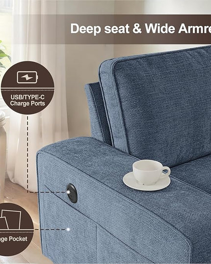PARKOL 102" L-Shaped Sectional Couch with Storage, Sofa with Reversible Chaise, USB Type-C Charging, Chenille Fabric, Removable Cushion Covers, for Small Space, Apartment, Living Room, Blue