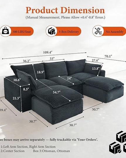 110" Sectional Couches for Living Room Boneless Couch Upholstered Cloud Couchs Sectional Modular Sectional Sofa with L Shaped
