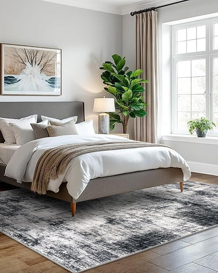 IOHOUZE Modern Abstract Area Rugs 5x7 Ft Washable Rugs for Living Room, Non Slip Dining Room Rug, Printed Faux Wool Rugs for Bedroom, Floor Carpet for Office Nursery Playroom, Black Grey