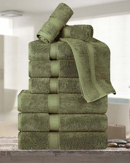 Superior Egyptian Cotton Pile 9 Piece Towel Set, Includes 3 Bath, 3 Hand, 3 Face Towels/Washcloths, Ultra Soft Luxury Towels, Thick Plush Essentials, Guest Bath, Spa, Hotel Bathroom, Forest Green