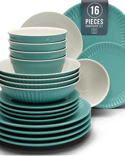 Stoneware Dinnerware Set for 4 People HYGGE 16-Piece - Elegant Scandi Design - Premium Dish Set - Bowl and Plate Set - Tableware for 4 People in a Ribbed Design - Pure Living in Green