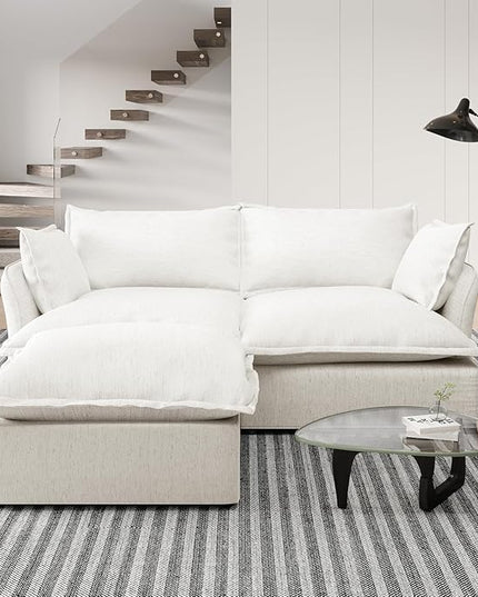 Cloud Modular Sectional Sofa Couch, 2 Seater with Ottoman Convertible Sectional Couch,Down Feather Fill Sofa, Completely Removable Cover, Corner Sofa for Living Room, Office,Cream White