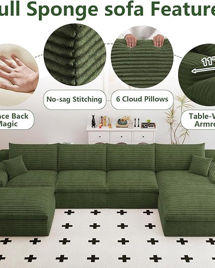 136" Cloud Couch Modular Sectional Sofa for Living Room, U-Shape Boneless Couch with Deep Seat, Modern Corduroy 4-Seater with Ottoman, No Assembly Required (Green,Right-Facing Chaise)