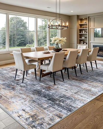 IOHOUZE Abstract Area Rugs 9x12 Ft Washable Large Rugs for Living Room, Non Slip Dining Room Rug, Printed Faux Wool Rugs for Bedroom, Floor Carpet for Office Nursery Playroom, Orange Grey