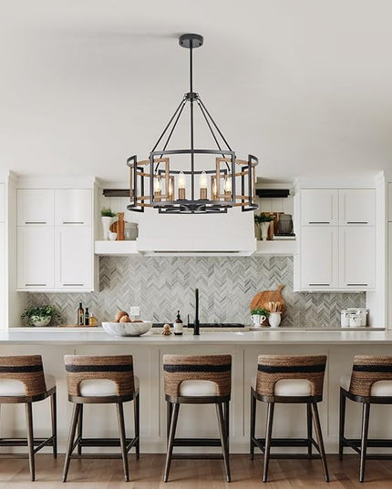 6-Light Drum Chandelier for Dining Room，23.6" Rustic Farmhouse Dining Room Light Fixture，Wood Grain and Vintage Black Metal Chandeliers for Kitchen Entryway Living Room